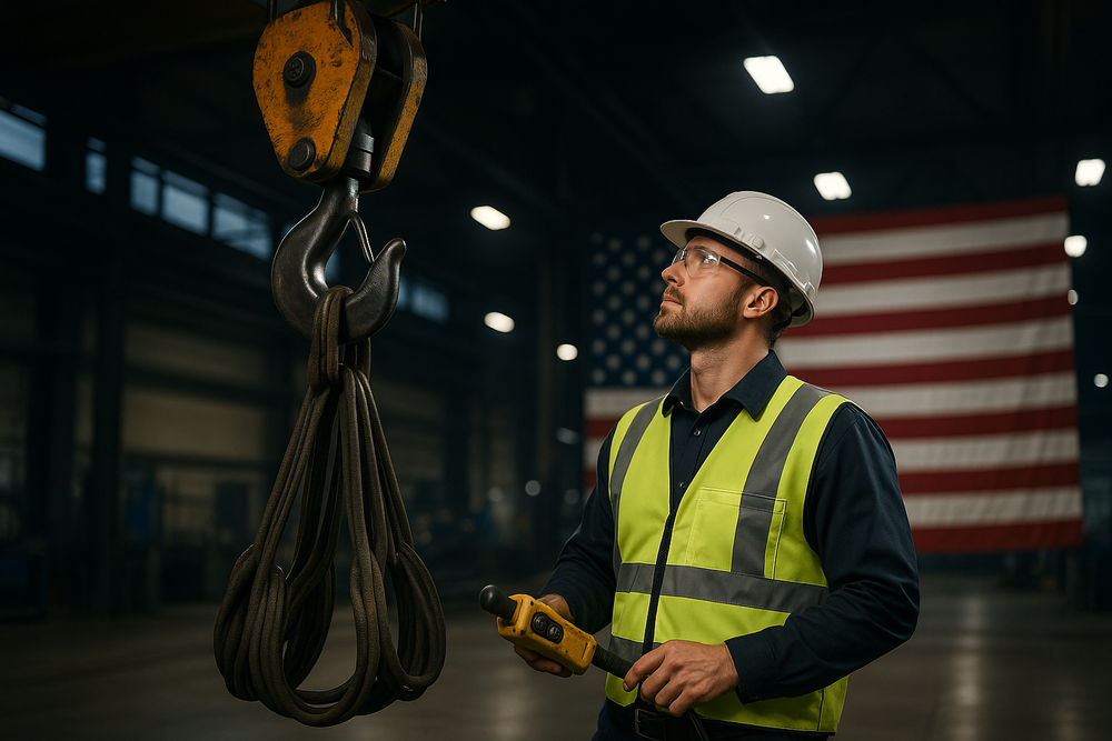 Have the man standing slightly further back.  Make his hard hat white.  Have the crane hook connected to a lifting sling instead of the remote